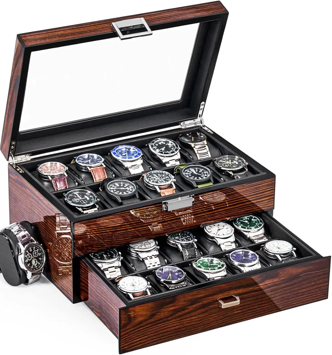 20 Slot Wooden Watch Storage Box With Glass Lid