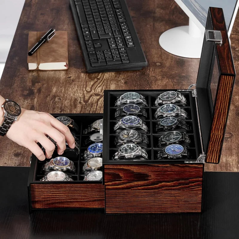 20 Slot Wooden Watch Storage Box With Glass Lid