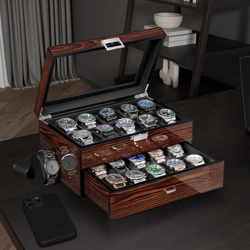 20 Slot Wooden Watch Storage Box With Glass Lid