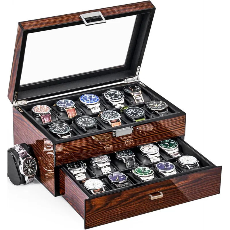 20 Slot Wooden Watch Storage Box With Glass Lid