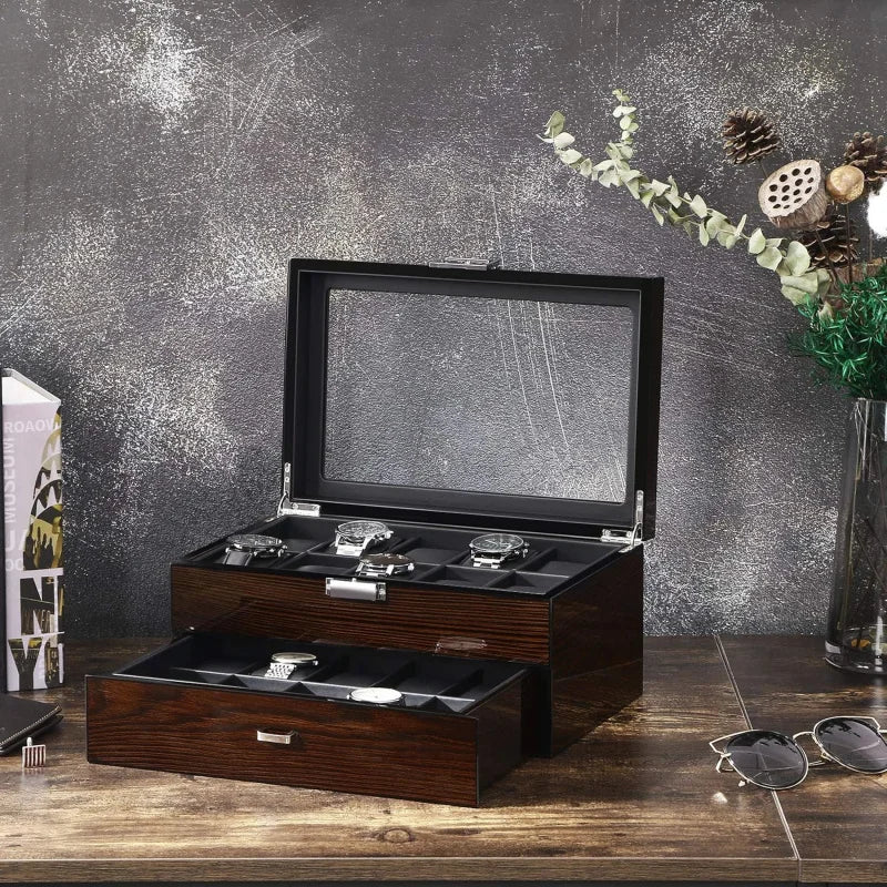 20 Slot Wooden Watch Storage Box With Glass Lid