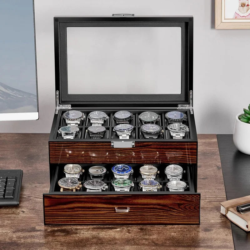 20 Slot Wooden Watch Storage Box With Glass Lid