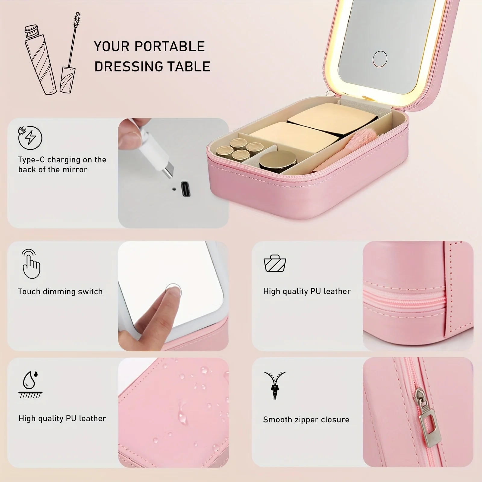 Portable Makeup Organizer Bag With LED Mirror